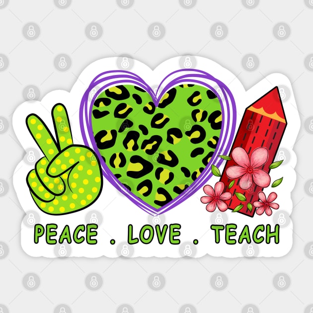 Peace Love Teach Leopard Heart with Pencil Flowers Sticker by lunamoonart